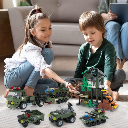  WishaLife City Police Station Building Kit, Army Military Base Building Set, Heavy Transport Truck Toy with Armored Vehicles & Airplane, Storage Box with Baseplates Lid, Present Gift for Kid