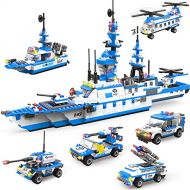 WishaLife 1169 Pieces City Police Station Building Kit, 6 in 1 Military Battleship Building Toy, with Cop Car, Patrol Boat, Helicopter, Best Learning Roleplay STEM Construction Toys Gift for