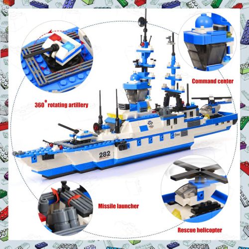  WishaLife 1169 Pieces City Police Station Building Kit, 6 in 1 Military Battleship Building Toy, with Cop Car, Patrol Boat, Helicopter, Best Learning Roleplay STEM Construction Toys Gift for