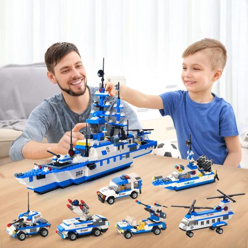  WishaLife 1169 Pieces City Police Station Building Kit, 6 in 1 Military Battleship Building Toy, with Cop Car, Patrol Boat, Helicopter, Best Learning Roleplay STEM Construction Toys Gift for