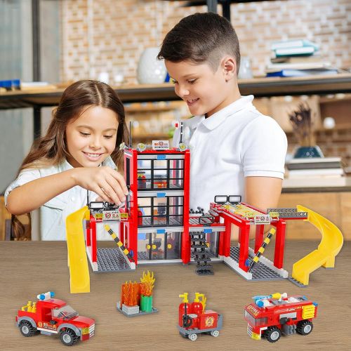  WishaLife City Fire Station Building Kit, Fun Firefighter Toy Building Set for Kids, with Toy Fire Truck, Helicopter, Best Learning Educational Roleplay STEM Toy Gift for Boys and Girls Age