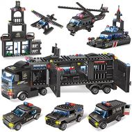 WishaLife 1020 Pieces City Police Station Building Blocks Set, 8 in 1 Mobile Command Center Building Toy with Cop Car, Airplane, Helicopter, Boat, Best Learning Roleplay STEM Toy for Boys an