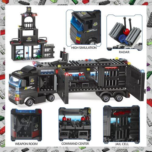  WishaLife 1020 Pieces City Police Station Building Blocks Set, 8 in 1 Mobile Command Center Building Toy with Cop Car, Airplane, Helicopter, Boat, Best Learning Roleplay STEM Toy for Boys an