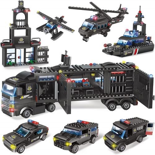  WishaLife 1020 Pieces City Police Station Building Blocks Set, 8 in 1 Mobile Command Center Building Toy with Cop Car, Airplane, Helicopter, Boat, Best Learning Roleplay STEM Toy for Boys an