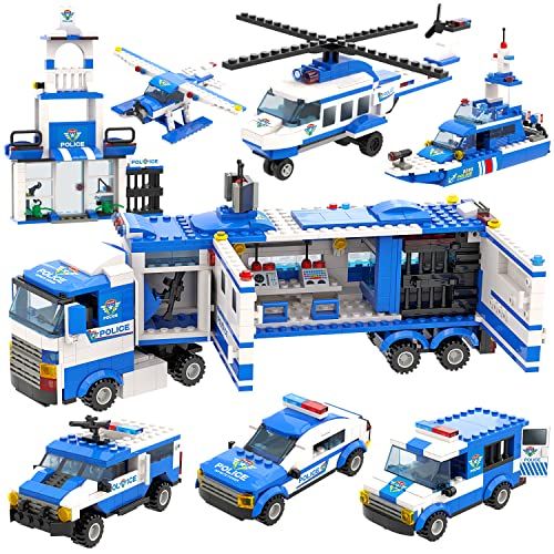  WishaLife City Police, 1039 Pieces City Police Station Building Set, 8 in 1 Mobile Command Center Building Toy with Cop Car, Helicopter, Boat, Best Learning Roleplay STEM Toy Gifts for Boys