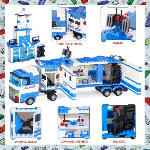  WishaLife City Police, 1039 Pieces City Police Station Building Set, 8 in 1 Mobile Command Center Building Toy with Cop Car, Helicopter, Boat, Best Learning Roleplay STEM Toy Gifts for Boys