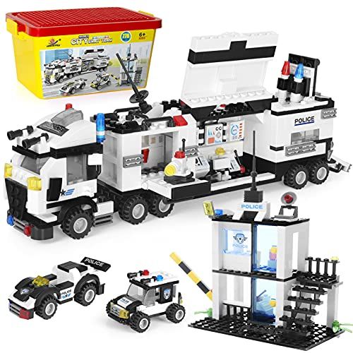  WishaLife City Police Station & Mobile Command Center Truck Building Toy with Cop Cars, Storage Box with Baseplate Lid, Best Education Learning & Roleplay Toys Gift for Boys and Girls Age 6-