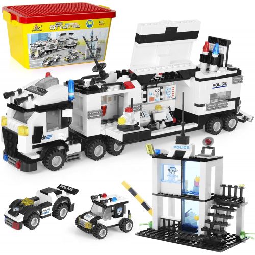  WishaLife City Police Station & Mobile Command Center Truck Building Toy with Cop Cars, Storage Box with Baseplate Lid, Best Education Learning & Roleplay Toys Gift for Boys and Girls Age 6-
