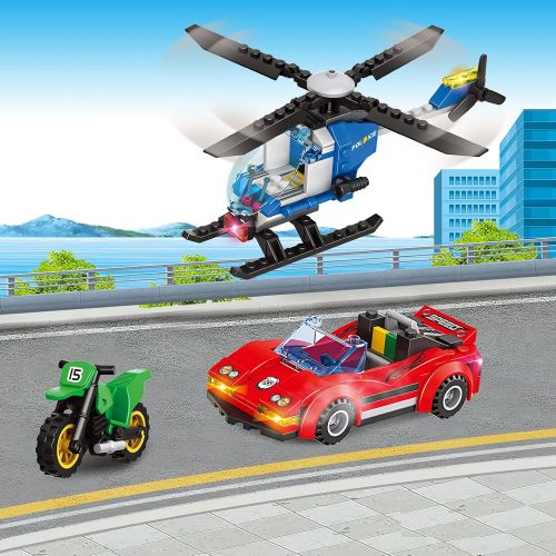  WishaLife City Police Catch Thief Building Kit with City Police Helicopter Transport Truck Toy, Action Cop Helicopter, Motorbike, and Getaway Sports Car for Boys and Girls 6-12 (469 Pieces)