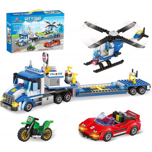  WishaLife City Police Catch Thief Building Kit with City Police Helicopter Transport Truck Toy, Action Cop Helicopter, Motorbike, and Getaway Sports Car for Boys and Girls 6-12 (469 Pieces)