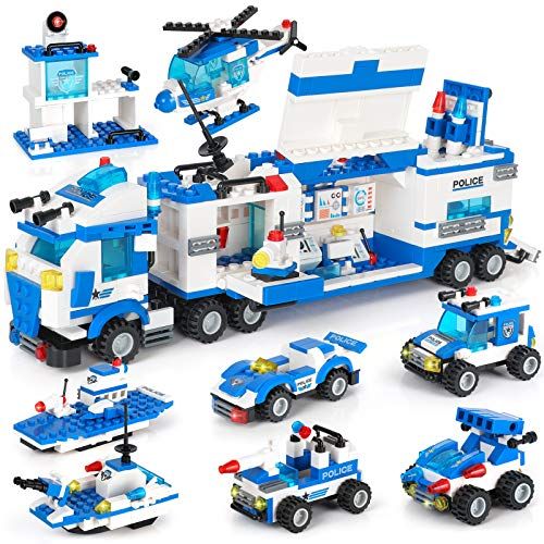  WishaLife City Police Station & Mobile Command Center Truck Building Toy with Police Car, Police Helicopter, Patrol Boat, Best Education Learning & Roleplay Toys Gift for Boys and Girls Age