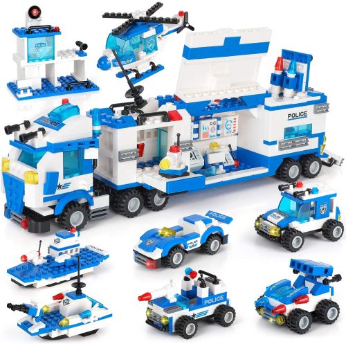 WishaLife City Police Station & Mobile Command Center Truck Building Toy with Police Car, Police Helicopter, Patrol Boat, Best Education Learning & Roleplay Toys Gift for Boys and Girls Age