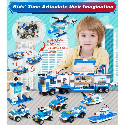  WishaLife City Police Station & Mobile Command Center Truck Building Toy with Police Car, Police Helicopter, Patrol Boat, Best Education Learning & Roleplay Toys Gift for Boys and Girls Age