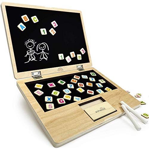  [아마존베스트]Wishwood Portable Magnet Board for Toddlers, Magnetic Chalkboard for Kids with ABC Letters & Numbers. Alphabet Magnets for Learning and Drawing. Tabletop Art & Chalk Board Easel.Childrens W