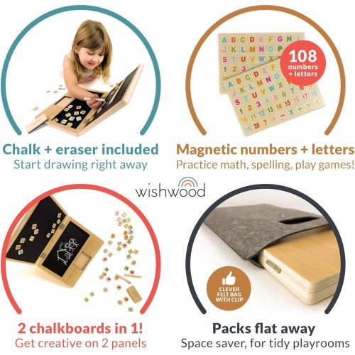  [아마존베스트]Wishwood Portable Magnet Board for Toddlers, Magnetic Chalkboard for Kids with ABC Letters & Numbers. Alphabet Magnets for Learning and Drawing. Tabletop Art & Chalk Board Easel.Childrens W