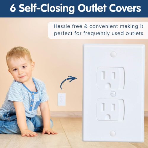  [아마존베스트]Wittle Self Closing Outlet Covers (6 White) Plus 12 Clear Plug Cover Outlet Protectors - Baby Proofing...