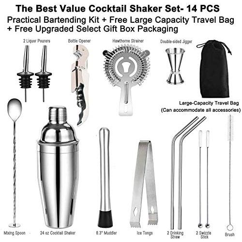  [아마존베스트]Wityoo Cocktail Shaker Set,14 Piece Bartender Kit for Drink Mixing,Stainless Steel Bar Tool with 24oz Martini Shaker,Muddler,Jigger,Strainer,Bar Spoon,Tongs,Bottle Opener,Liquor Pourers,S