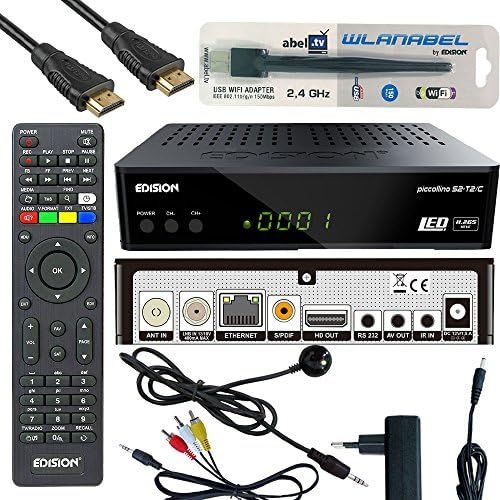  Wlanabel Edison Piccollino S2+T2/C Full HD Satellite Cable Receiver FTA HDTV DVB S2/C/T2 (HDMI, AV, USB 2.0, Display, IR Eye, CA, LAN) German Pre Printed Includes WiFi Label and HDMI Cable