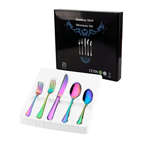  [아마존베스트]Woaiwo-q Silverware Set,20-Piece Stainless Steel Flatware Set,Tableware Set,Dinnerware Set Service for 4 (Rainbow Multicolor）