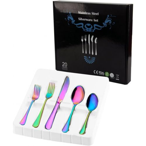  [아마존베스트]Woaiwo-q Silverware Set,20-Piece Stainless Steel Flatware Set,Tableware Set,Dinnerware Set Service for 4 (Rainbow Multicolor）