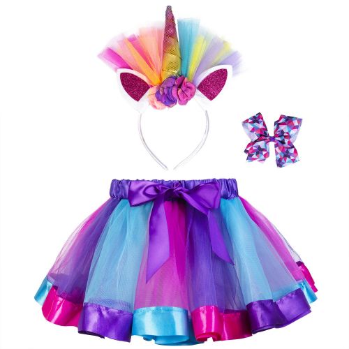  Wocau Little Girls Layered Unicorn Rainbow Tutu Skirt Dress up with Headband Hair Bows