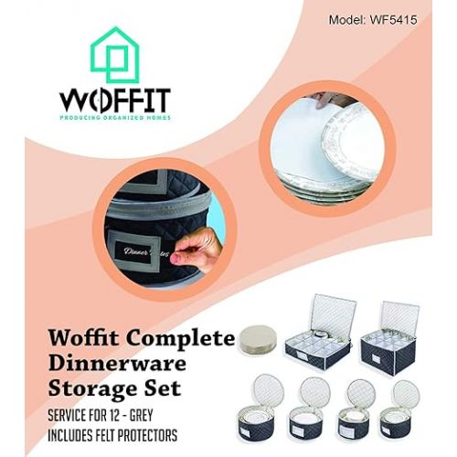  Woffit China Storage Containers - 6 Pack, Quilted Dinnerware & Stemware Set Bins for Packing Dishes and Glasses w/ 48 Felt Protectors - Christmas, Seasonal Storage