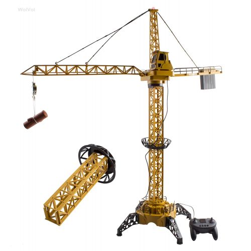  WolVol 50 inch Tall Wired Remote Control Crawler Crane Toy for Boys, Log & Bucket Lift Up Construction Activity Playset, with Working Tower Light - Adjustable Height