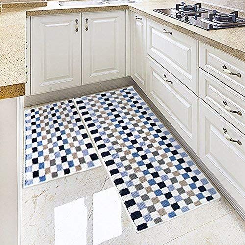  Wolala Home Fashion Ethnic Style Plaid Checkered Kitchen Rug Runner Washable Non-slip Durable Bathroom Area Rugs 2pcs Sets Thin (15x20+15x40, Blue)