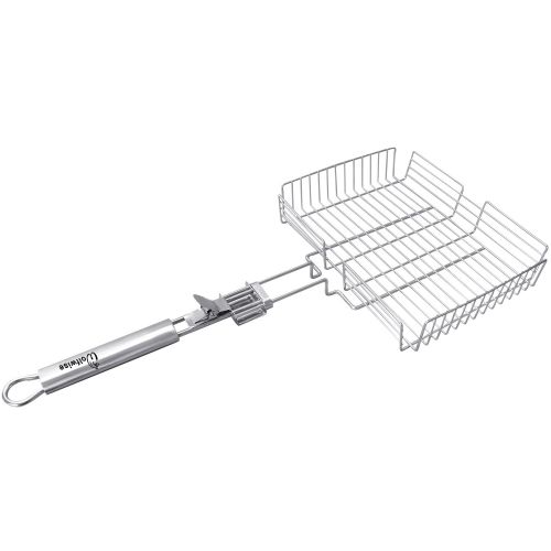  WolfWise Stainless Steel Portable BBQ Grilling Basket for Fish Vegetable Steak Shrimp with an Additional Basting Brush