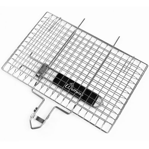  WolfWise Stainless Steel Portable BBQ Grilling Basket for Fish Vegetable Steak Shrimp with an Additional Basting Brush