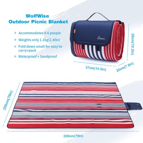  [아마존 핫딜]  [아마존핫딜]WolfWise 200 x 200 cm XXL Picknickdecke, Wasserdichte Campingdecke Stranddecke Outdoordecke aus Weiches Fleece Sandfrei mit Tragetasche, Rot Blau Streifen