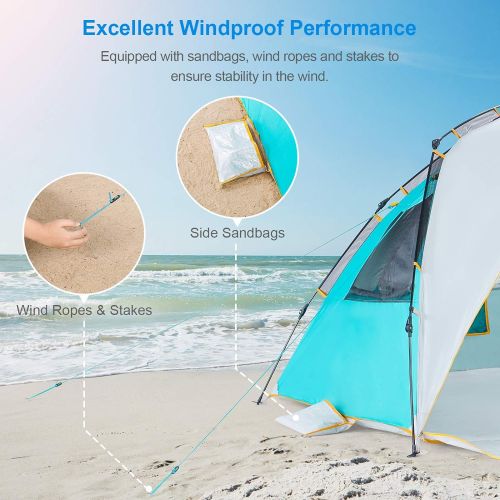  WolfWise 4 Person Easy Up Beach Tent UPF 50+ Portable Instant Sun Shelter Canopy Umbrella with Extended Zippered Porch