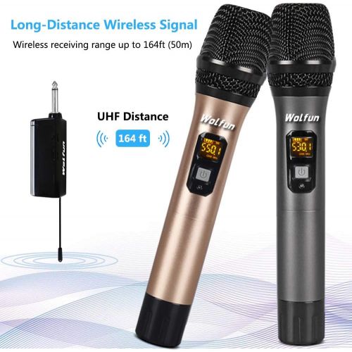  Wolfun Wireless Microphone, UHF Dual Metal Handheld Dynamic Mic System with Rechargeable Receiver, 164ft Range, for Karaoke,Party, Speech, Wedding, Meeting, PA System(Gold and Gray)