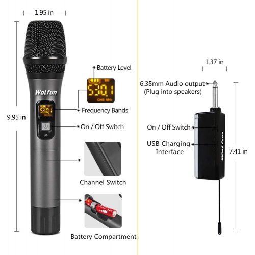  Wolfun Wireless Microphone, UHF Dual Metal Handheld Dynamic Mic System with Rechargeable Receiver, 164ft Range, for Karaoke,Party, Speech, Wedding, Meeting, PA System(Gold and Gray)