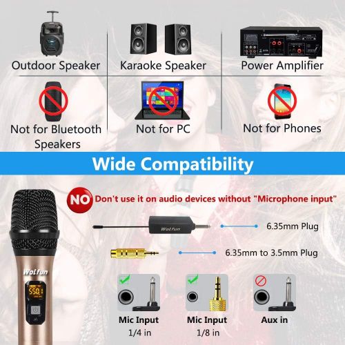  Wolfun Wireless Microphone, UHF Dual Metal Handheld Dynamic Mic System with Rechargeable Receiver, 164ft Range, for Karaoke,Party, Speech, Wedding, Meeting, PA System(Gold and Gray)