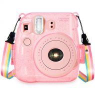 Wolven Crystal Camera Case w Adjustable Rainbow Shoulder Strap Compatible with Fujifilm Mini 8 Mini 8+ Mini 9 Camera, Pink Crystal