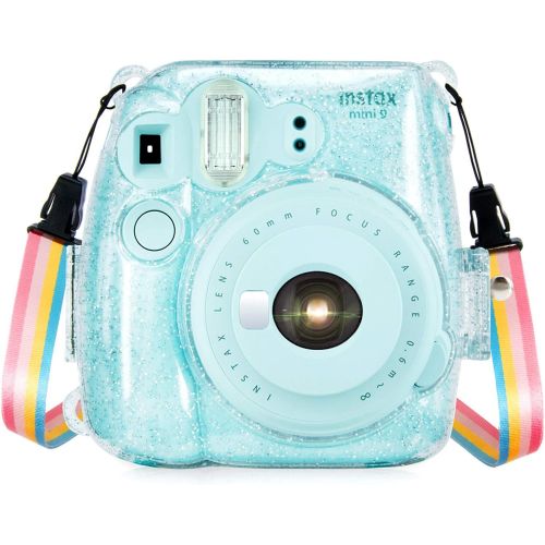  Wolven Clear Camera Case w Adjustable Rainbow Shoulder Strap Compatible with Fujifilm Instax Mini 8, Mini 8+, Mini 9 Instant Camera (Crystal)