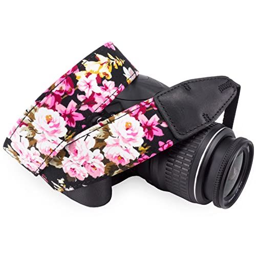  Wolven Pattern Cotton Camera Neck Shoulder Strap Belt Compatible with All DSLR/SLR/Men/Women etc, Black Flower