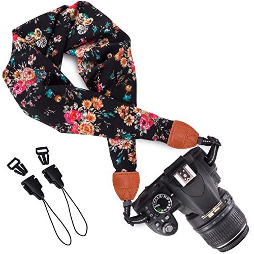  Wolven Soft Scarf Camera Neck Shoulder Strap Belt Compatible with All DSLR/SLR/Digital Camera (DC) / Instant Camera Etc, Black Rose