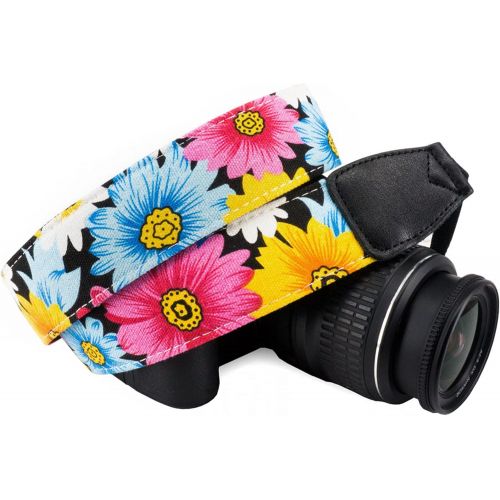 Wolven Pattern Canvas Camera Neck Shoulder Strap Belt Compatible with All DSLR/SLR/Men/Women etc, Yellow Pink Flower Floral