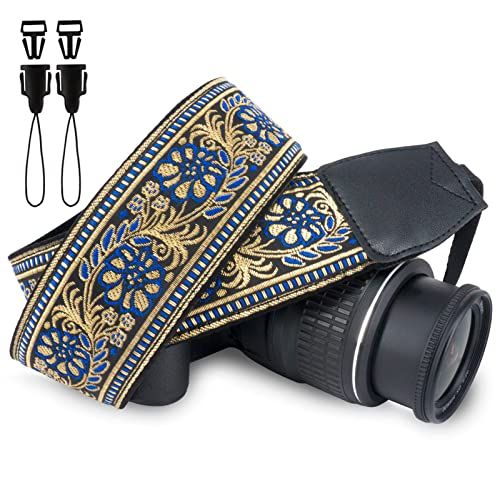  Wolven Vintage Jacquard Weave Camera Neck Shoulder Strap Belt Compatible with All DSLR/SLR/Digital Camera (DC)/Instant Camera/Polaroid etc (Blue Golden Flower)