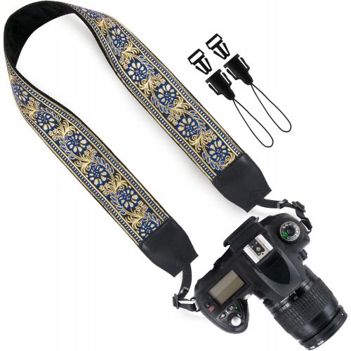  Wolven Vintage Jacquard Weave Camera Neck Shoulder Strap Belt Compatible with All DSLR/SLR/Digital Camera (DC)/Instant Camera/Polaroid etc (Blue Golden Flower)