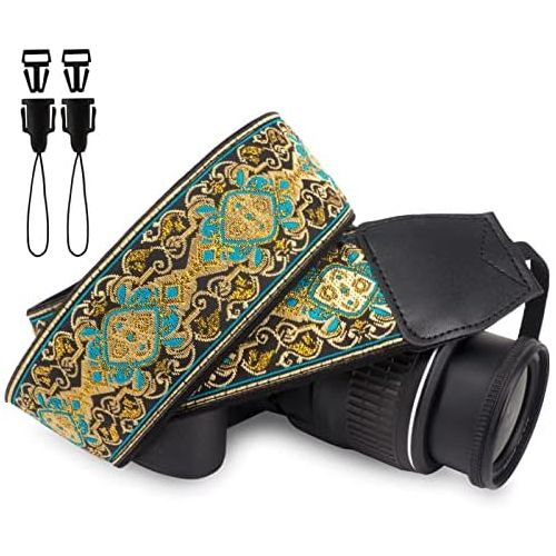  Wolven Vintage Jacquard Weave Camera Neck Shoulder Strap Belt Compatible with All DSLR/SLR/Digital Camera (DC)/Instant Camera/Polaroid etc, (Cyan Golden Floral)