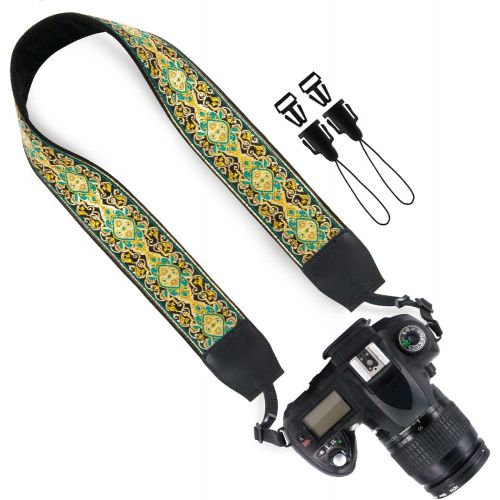  Wolven Vintage Jacquard Weave Camera Neck Shoulder Strap Belt Compatible with All DSLR/SLR/Digital Camera (DC)/Instant Camera/Polaroid etc, (Cyan Golden Floral)