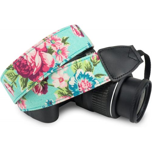  Wolven Pattern Canvas Camera Neck Shoulder Strap Belt Compatible with All DSLR/SLR/Men/Women etc (Green Vintage Floral)