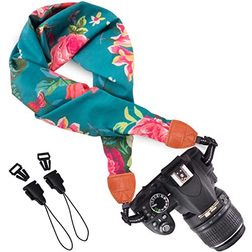  Wolven Soft Scarf Camera Neck Shoulder Strap Belt Compatible with All DSLR/SLR/Digital Camera (DC) / Instant Camera Etc, Green Flower