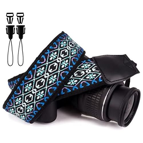  Wolven Vintage Jacquard Weave Camera Neck Shoulder Strap Belt Compatible with All DSLR/SLR/Digital Camera (DC)/Instant Camera/Polaroid etc, Blue Aztec