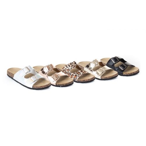  Womens Double Buckled Cork Footbed Slide Sandals