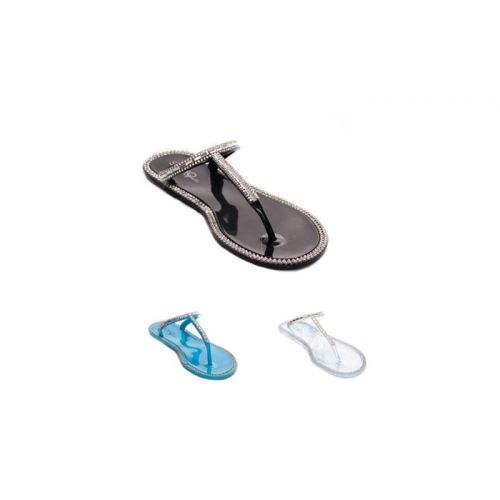  Womens Jelly Slip On T-Strap Sandals with Gemstones