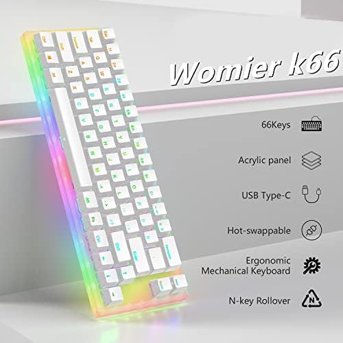  [아마존베스트]Womier K66 60% Keyboard, Hot Swappable Tyce-C Wired RGB Backlit Gateron Switch 60% Mechanical Keyboard with Crystalline Base for Win/Mac (Blue Switch,White)